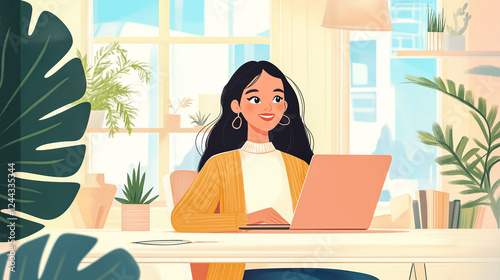 A modern, stylized digital illustration of a young woman in casual clothes working on her laptop. Studying or conducting academic work. Working remotely from a home office
