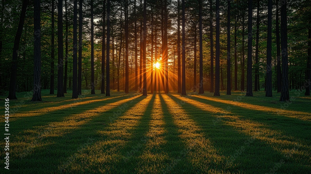Fototapeta premium Sunset Rays Illuminate Forest Trees and Grass