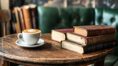 Quaint bookshop cafe, wooden bistro coffee table, old books and a cappuccino