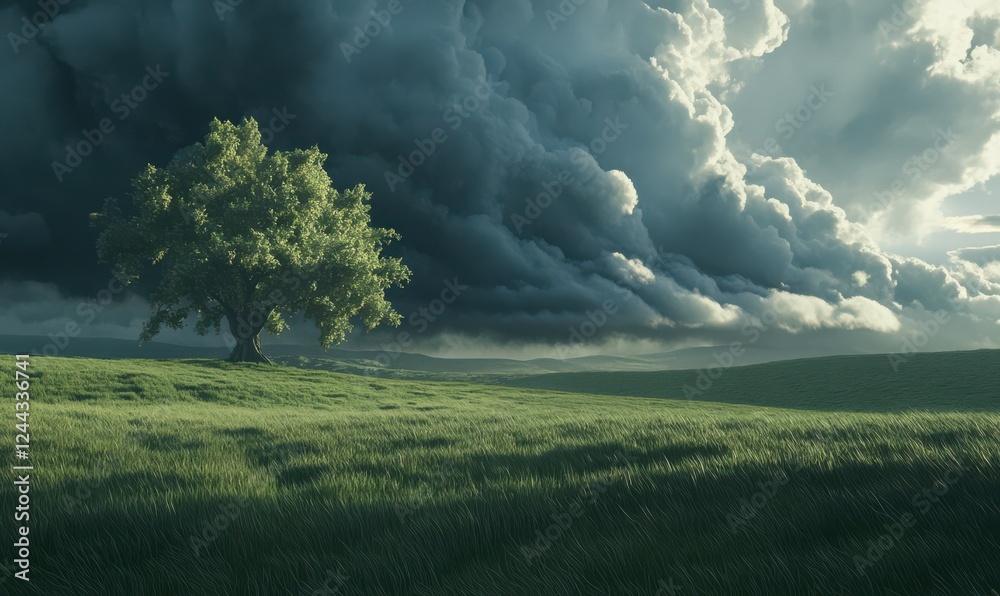 Dramatic storm clouds over a vast green field, styled to evoke natural power and beauty Dramatic storm clouds over a vast green field, styled to evoke natural power and beauty