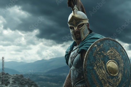 A mighty warrior in ancient armor stands boldly against a dramatic sky.