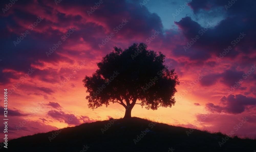 Dramatic silhouette of a tree on a hilltop, framed by the colors of a vibrant sunset sky. Dramatic silhouette of a tree on a hilltop, framed by the colors of a vibrant sunset sky.