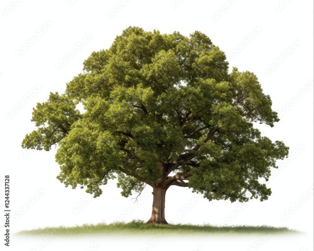Isolated Oak Tree in Spring standing on Meadow for Ecological Concept, Blank Background for Paper Isolated Oak Tree in Spring standing on Meadow for Ecological Concept, Blank Background for Paper