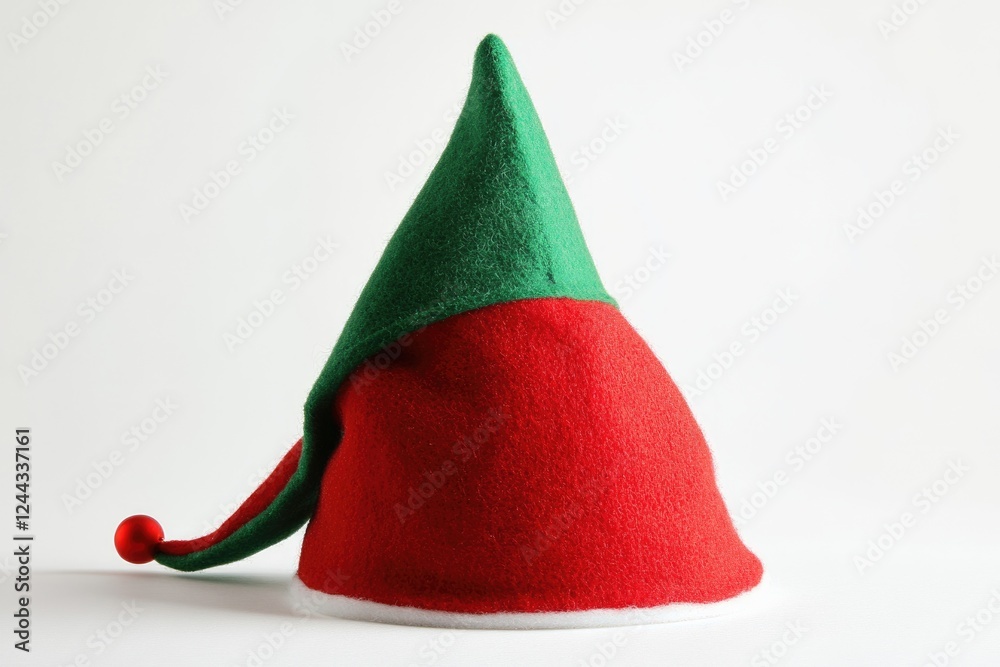 Whimsical Holiday Headwear: Festive Christmas Elf Hat with Bell on White Background Whimsical Holiday Headwear: Festive Christmas Elf Hat with Bell on White Background
