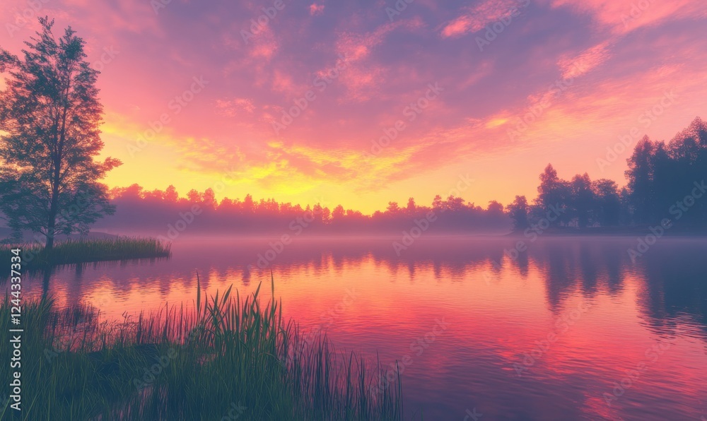 Dreamy twilight landscape with glowing orange and pink skies reflecting over calm lake waters. Dreamy twilight landscape with glowing orange and pink skies reflecting over calm lake waters.