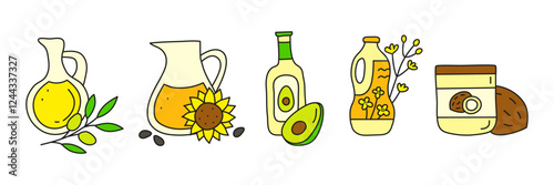 Doodle colored cooking oil in glass and plastic packages isolated on white background. Sunflower, olive, rapeseed, coconut, avocado oil bottles. Healthy nutrition concept. Vegetable fats.