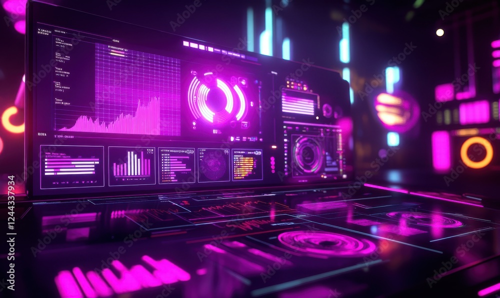 Fototapeta premium Graphs and digital interface in vivid neon tones, showcasing cutting-edge technological analytics, with a futuristic aesthetic, high-definition clarity