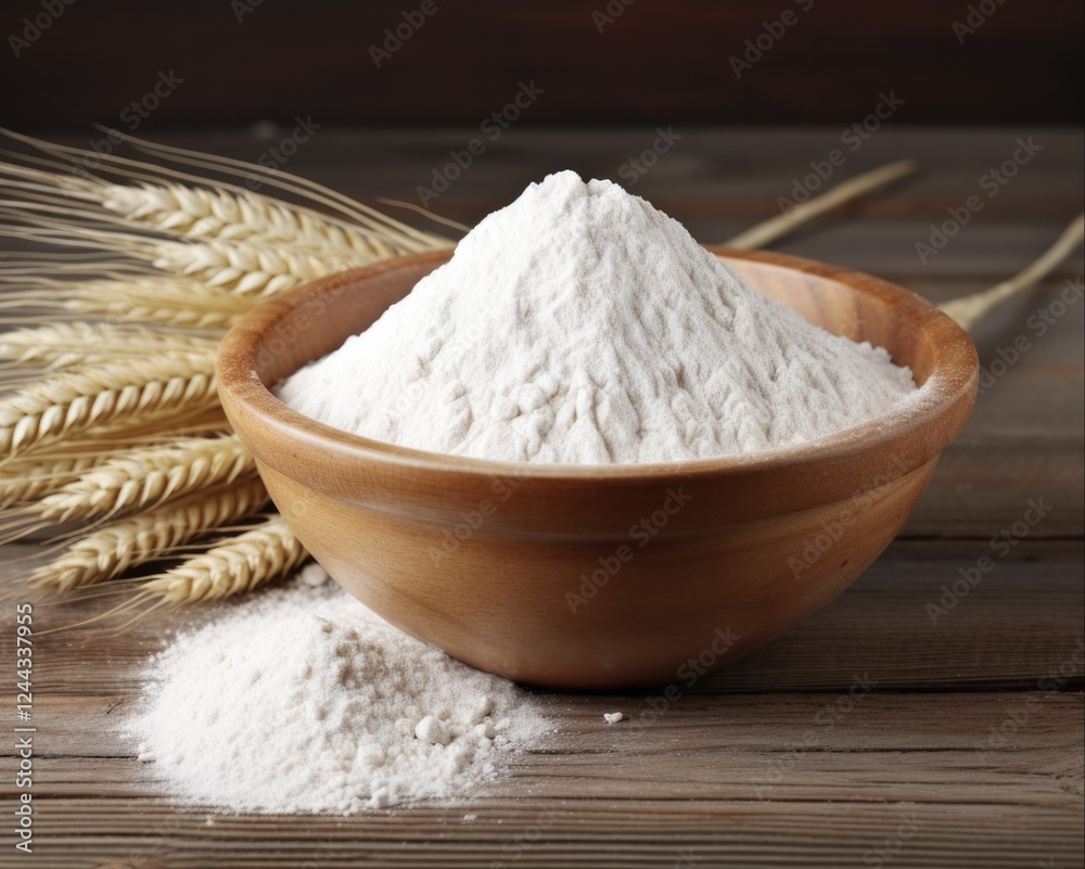 Isolated Wooden Bowl of Raw Flour. Top View of White Wheat Powder with Plain Background Isolated Wooden Bowl of Raw Flour. Top View of White Wheat Powder with Plain Background