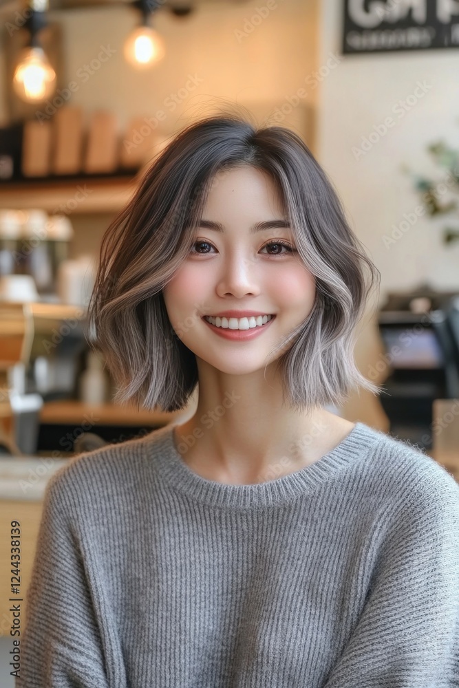 Portrait of a Young Woman with Grey Hair in a Coffee Shop Portrait of a Young Woman with Grey Hair in a Coffee Shop