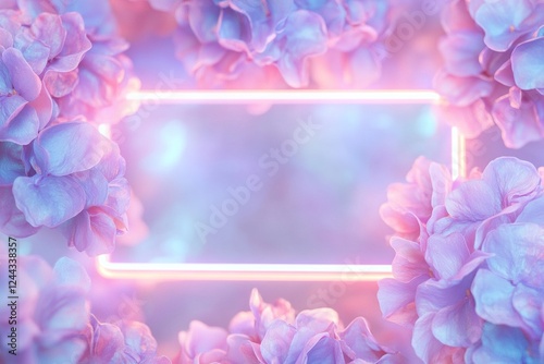 Fluid waves in electric blue and ultraviolet form a stunning background, edged with glowing light. Surrounding flowers add a colorful touch to the empty central space ideal for personalized text