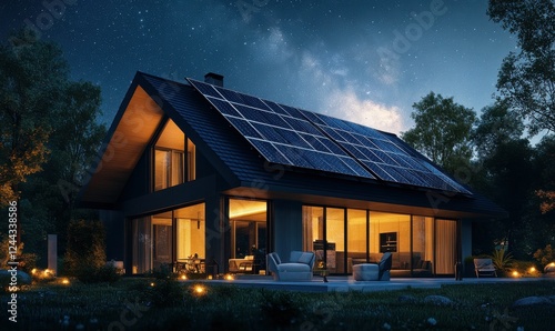 Energy-efficient smart home glowing with solar panels during a starry night, emphasizing innovation in architecture, serene and futuristic tones