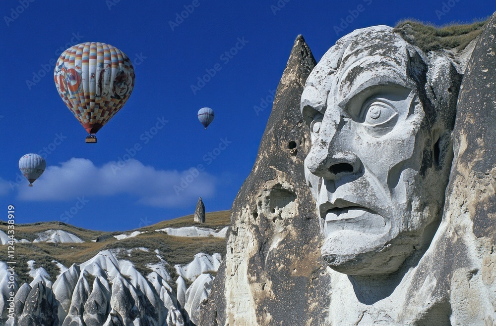 Obraz premium Cappadocia's Stone Face: Hot Air Balloons Soar Over Ancient Rock Formations