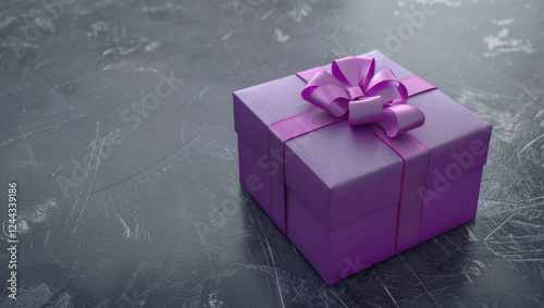 Purple gift box with pink fucsia ribbon bow on gray rough background with copy space. Shopping Sale. Present for Happy Birthday, Season Holidays, Mother, Father day.