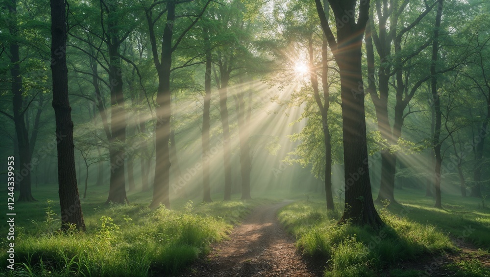 Obraz premium Sunlight shining over a dewy green meadow at sunrise