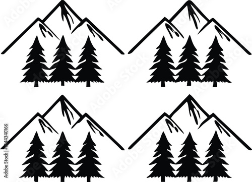 Mountain and pine tree silhouette vector set, vector illustration set of simple mountain line icon, silhouette, camping business. Summer mountain travel line art