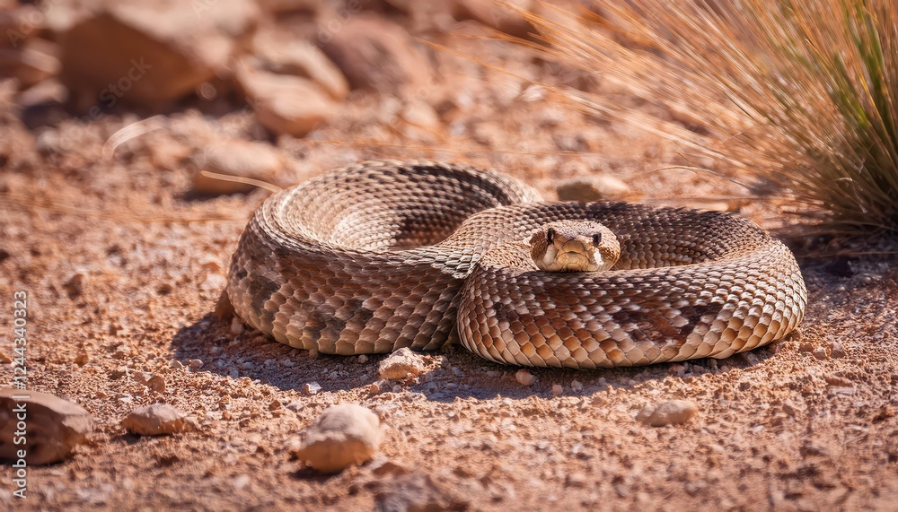 Obraz premium Striking Rattlesnake Encounter Utahs Desert Beauty Showcasing a Faded Midget Rattlesnake Coiled on Rocky Ground, Captured in Utahs RedRock Landscape at Dawn.