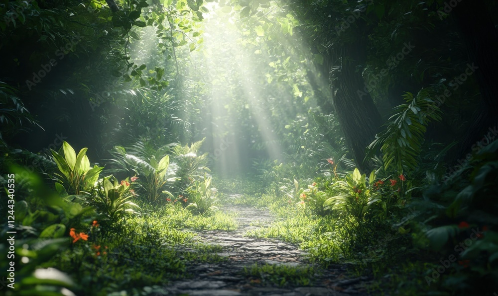 Obraz premium Path through a lush green forest with clean air and sunlight piercing through leaves, representing revitalization and harmony.