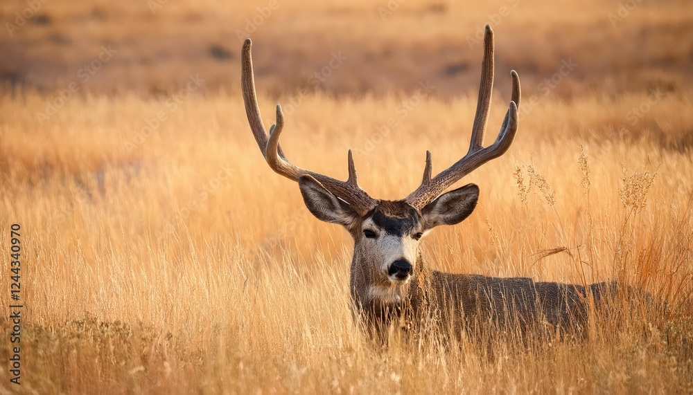 Majestic Mule Deer Buck in Autumn Gold CloseUp View of a Peaceful Scene Amidst Tall Golden Grasses, Offering a Quiet Moment in Natures Splendor on. Majestic Mule Deer Buck in Autumn Gold CloseUp View of a Peaceful Scene Amidst Tall Golden Grasses, Offering a Quiet Moment in Natures Splendor on.