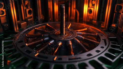 Glowing radial engine, close-up, futuristic tech, industrial background, sci-fi concept