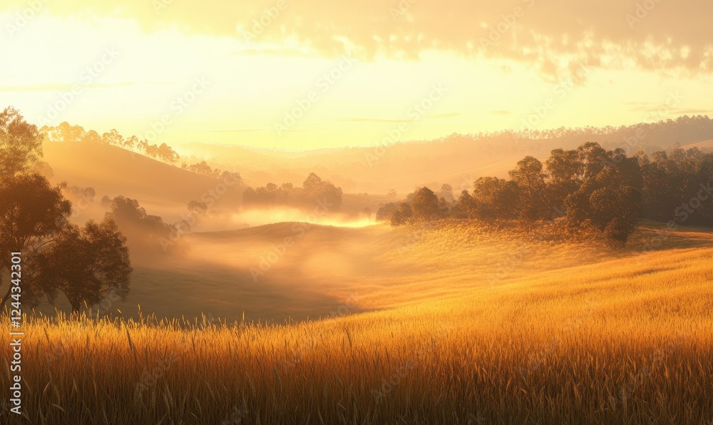 Obraz premium Golden wheat field at sunrise with soft mist rolling over the landscape, glowing warm tones of a peaceful rural morning, serene agricultural beauty