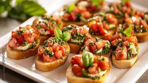 Italian cuisine food banners. Crostini with Pesto sauce, Caesar and pasta salad with smoked fish, stuffed artichoke, Caponata and tomato mozzarella salad Caprese, beef Carpaccio, chicken salad