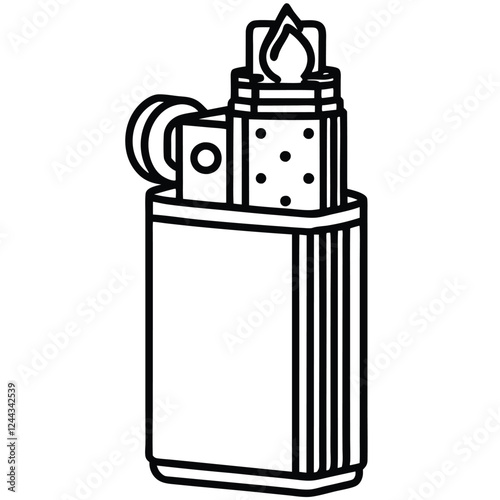 black and white line art of a transparent disposable lighter,  