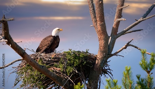 Majestic Bald Eagle Perched High Above a Dynamic Sunset Nestled in a Towering Oak Tree, Overlooking the Serene Wilderness with Intense Vigilance. photo