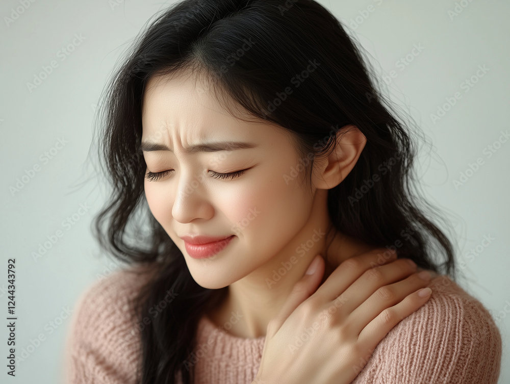 young woman experiencing shoulder pain, showing discomfort and concern. Her expression reflects emotional impact of her condition young woman experiencing shoulder pain, showing discomfort and concern. Her expression reflects emotional impact of her condition