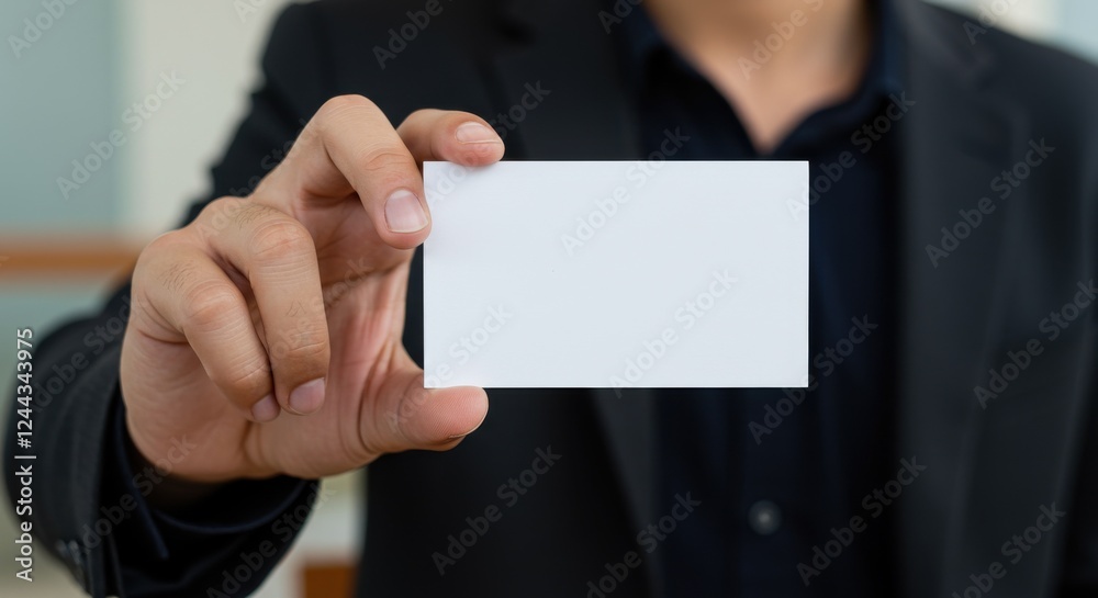 A close-up of a person holding a blank white business card at arm's length featuring a warm and inviting indoor setting the individual is wearing formal attire A close-up of a person holding a blank white business card at arm's length featuring a warm and inviting indoor setting the individual is wearing formal attire