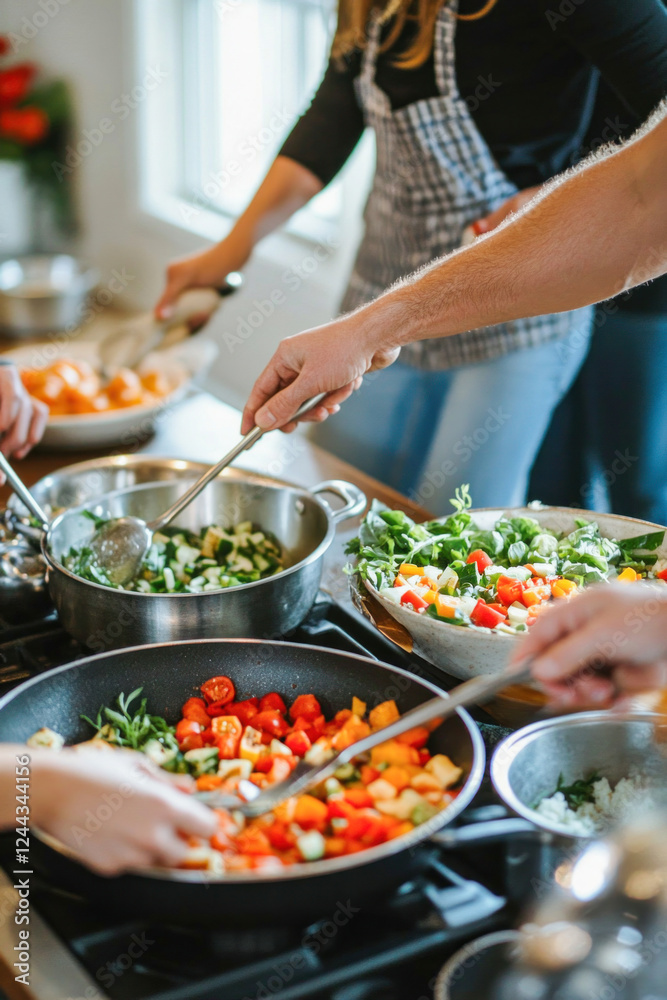 Obraz premium Chefs preparing colorful vegetables in restaurant kitchen