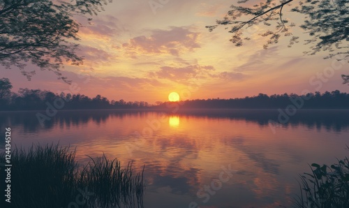 Majestic sunset with a golden-orange horizon, reflecting off the tranquil waters of a remote lake.