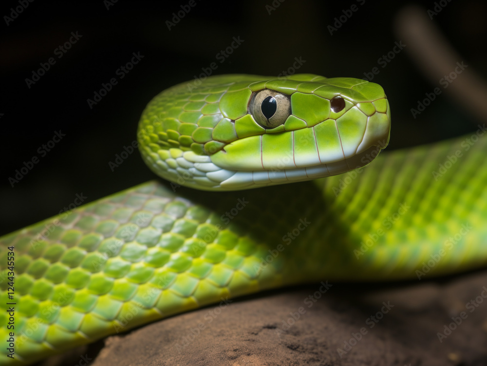 Fototapeta premium Arboreal Snake Tranquil Portrait Textured Scales Dark Setting
