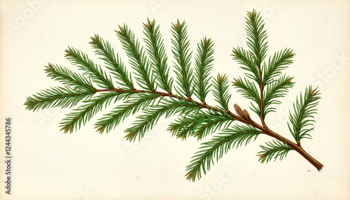 Balsam fir tree branch in detailed botanical illustration, nature study