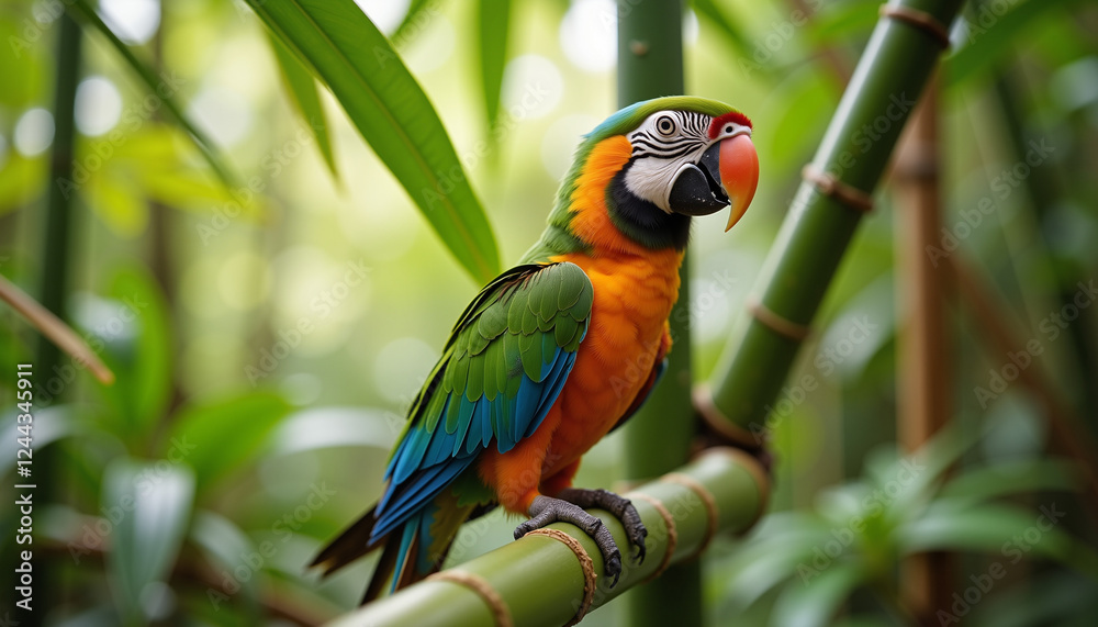 Obraz premium Colorful macaw perched on bamboo in lush rainforest
