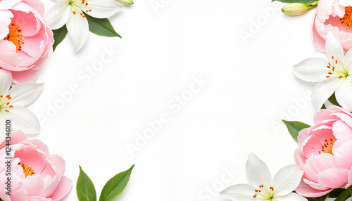 Elegant White and Pink Floral Frame with Delicate Flowers on White Background, copy space