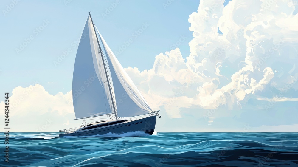 Fototapeta premium A graceful sailboat glides through tranquil waters, moving smoothly beneath a vast blue sky filled with fluffy white clouds, creating a serene atmosphere