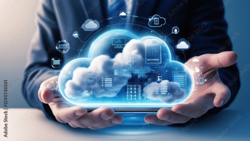 A person holding a smartphone with a cloud of icons floating above it A person holding a smartphone with a cloud of icons floating above it
