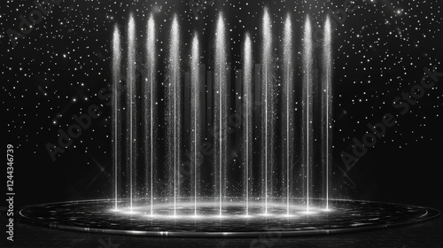 Waterfall cascade of water falling with splashes, vector realistic fountain pour. Water jets of fountain or sprinkle flow with pouring splatters of aqua drips, isolated on transparent background