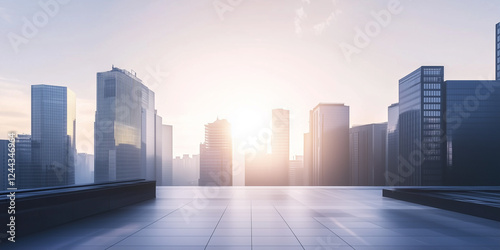 Cityscape sunrise view. Modern skyscrapers skyline. Real estate business background. Minimalist design light pastel colours high angle shot