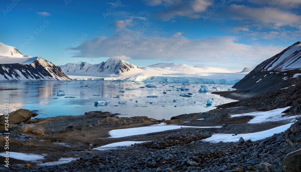 Fototapeta premium Remote Arctic Wilderness Icy Majesty Reigns over a Frozen Kingdom, Filled with Vibrant Blue Ice Formations and Graceful Polar Creatures Amidst the Chilling Silence