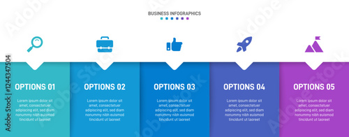 Horizontal progress bar featuring 5 arrow-shaped elements, symbolizing the five stages of business strategy and progression. Clean timeline infographic design template. Vector for presentation