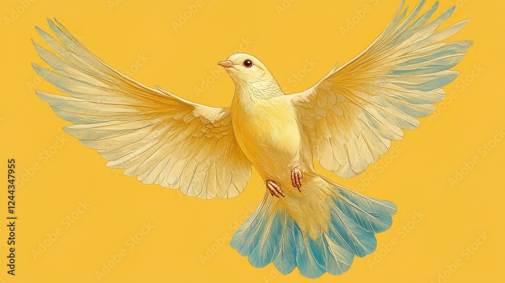 Fototapeta premium A Pale Yellow Dove in Flight Wings Spread Wide