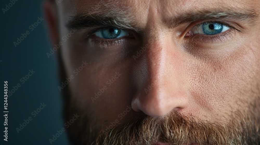 Focus is on a man whose piercing blue eyes draw attention, complemented by his full beard. The background is dark, enhancing his striking features and intensity Focus is on a man whose piercing blue eyes draw attention, complemented by his full beard. The background is dark, enhancing his striking features and intensity