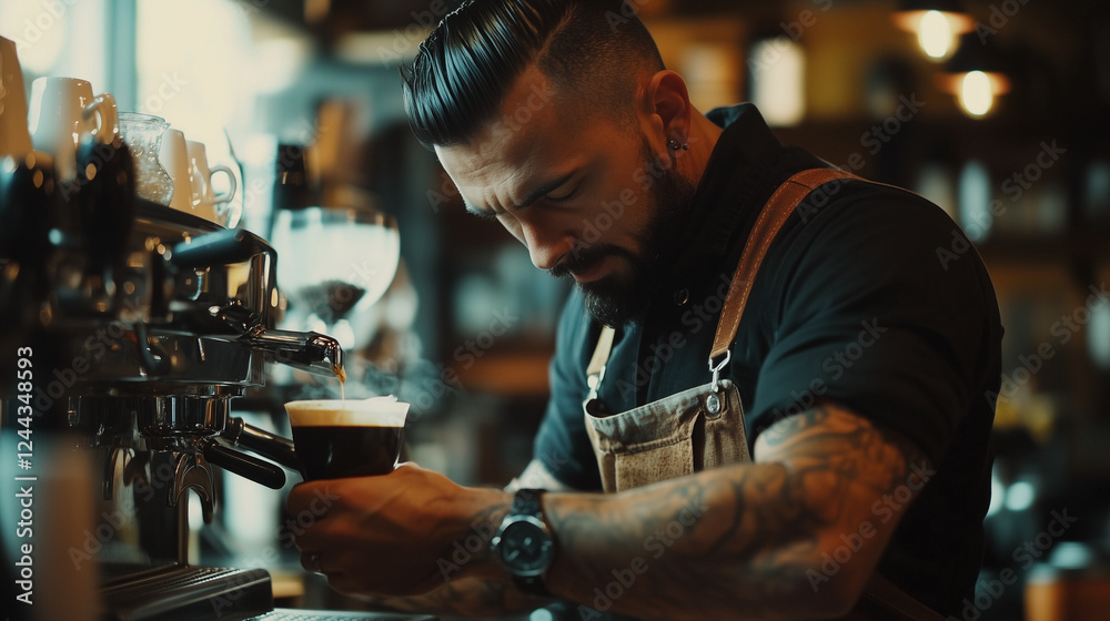 Close-Up of Barista Crafting Espresso with Steaming Milk in Coffee Shop Setting Close-Up of Barista Crafting Espresso with Steaming Milk in Coffee Shop Setting