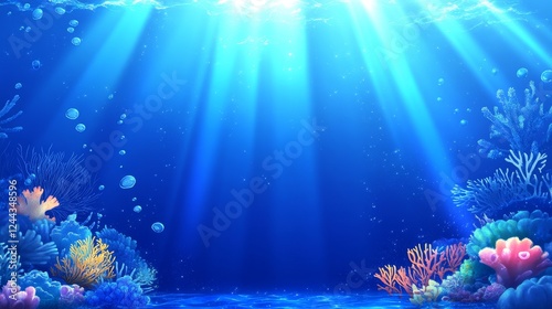 Serene Underwater Scene - Vibrant coral reef bathed in sunlight, peaceful underwater ocean background. Ideal for websites, presentations, or publications.