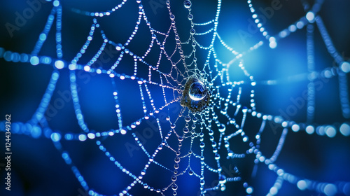 Detailed Macro of Dew-Covered Spider Web with Intricate Silk Threads and Glistening Water Droplets in Natural Light photo