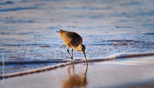 Striking Portrait of a Whimbrel Numenius Against the Backdrop of a Picturesque California Beach Scene, Capturing the Mood and Textures of a Seaside Moment photo