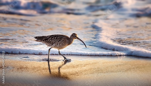 Stunning Whimbrel Numenius Foraging on Carmel Beach at Dusk Coastal California Wildlife against Dramatic Sky and Sand photo