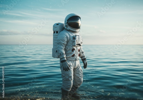 Close-up photo of an astronaut walking in the sea, wearing a white spacesuit and a black glass helmet, looking at the camera, with a blurred sky background.

