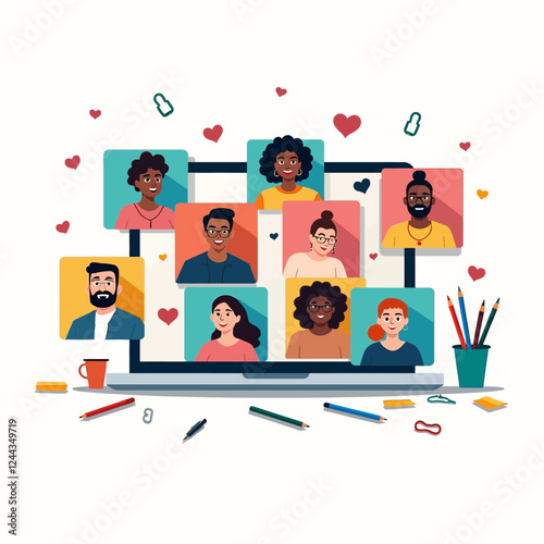 Video conference meeting. laptop screen with office team people on application windows having conversation. People work on laptops, tablets, taking notes. Flat design vector.